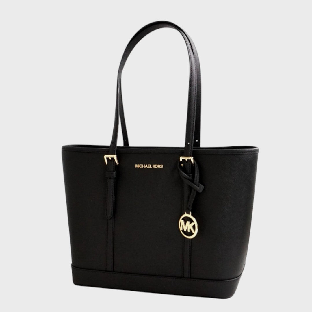 Bolso tote Jet Set Travel de piel saffiano con cremallera superior negro, Michael Kors
